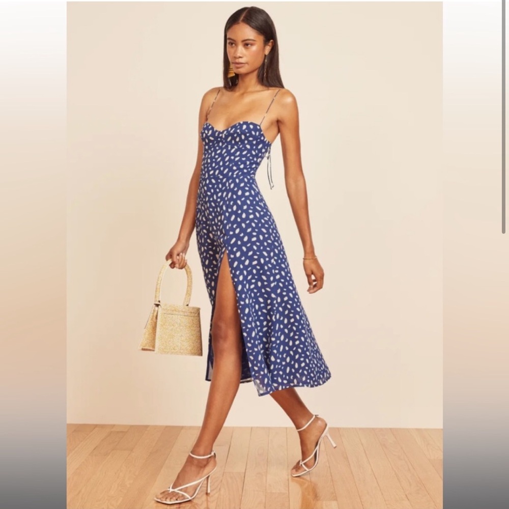 Reformation Blue and White Slit Midi Dress